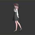 Little Girl Wearing White Long Sleeve Top Gray Pinafore Dress And Red Flower Hat
