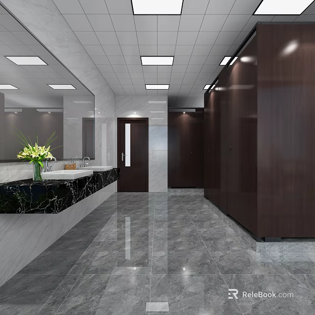 Public Restroom Interior With Marble Countertop Sink Mirror Dark Stalls And Gray Tiled Floor 3d model 
