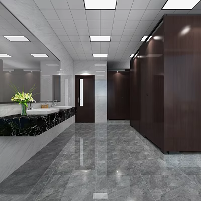 Public Restroom Interior With Marble Countertop Sink Mirror Dark Stalls And Gray Tiled Floor 3d model