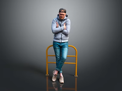 A Man In Gray Hoodie And Blue Jeans Leaning On Yellow Railing With Gray Background 3d model