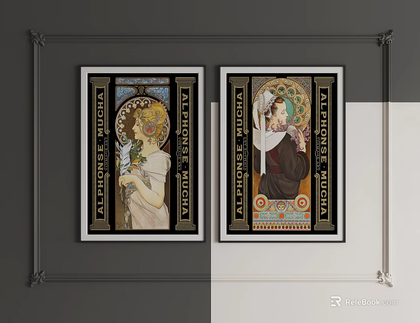Vintage Art Nouveau Figure Paintings With Decorative Borders And Framed Wall 3d model 
