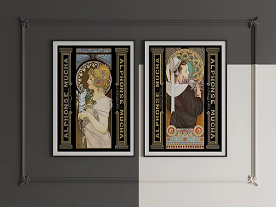 Vintage Art Nouveau Figure Paintings With Decorative Borders And Framed Wall 3d model