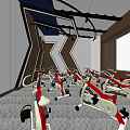 Modern Fitness Studio With Multiple Spin Bikes Geometric Wall And Patterned Floor