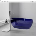 Blue Freestanding Bathtub With Modern Faucet And White Side Table In Minimalist Bathroom Interior