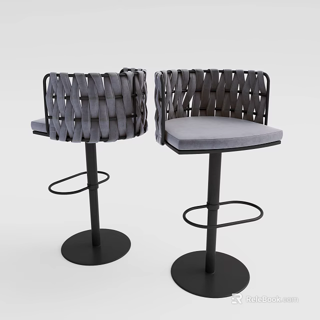 Modern Bar Stools With Woven Design Gray Padded Seat And Black Metal Frame 3d model 