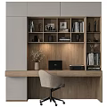 Modern Wooden Desk with Built in Bookshelf and Laptop Dried Flowers Decorative Items