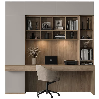 Modern Wooden Desk with Built in Bookshelf and Laptop Dried Flowers Decorative Items 3d model