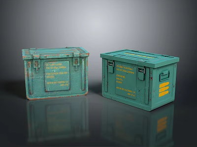 Green Vintage Metal Storage Boxes With Yellow Labels And Rustic Design 3d model
