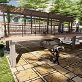 Garden Landscape Design With White Gazebo Purple Flowers And Checkerboard Pavement