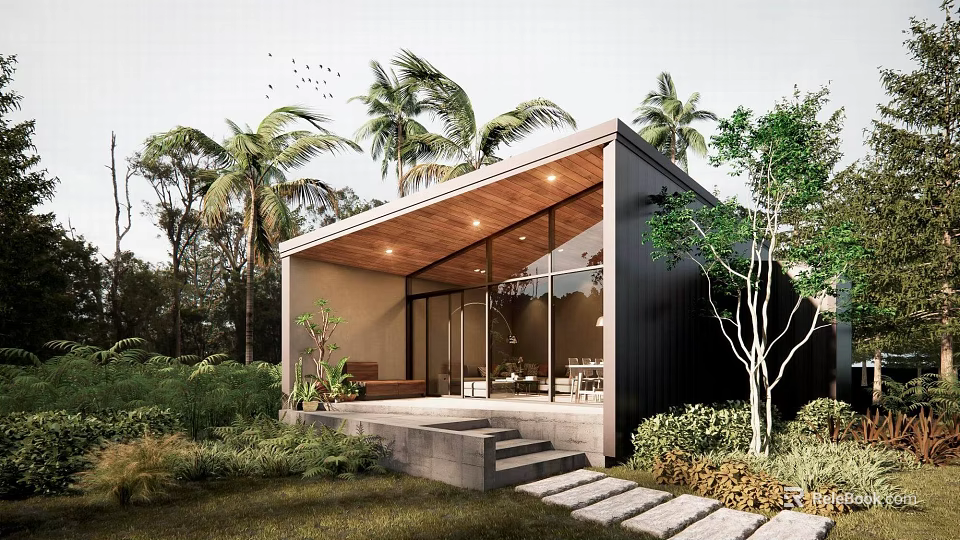 Modern Single Family House With Glass Walls Wooden Roof Palm Trees And Stone Pathway 3d model 