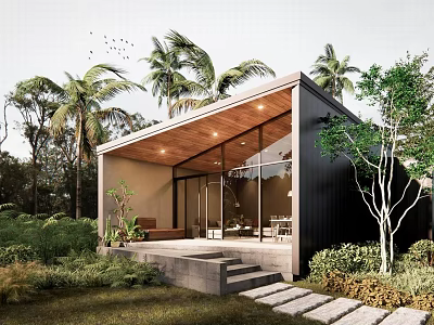Modern Single Family House With Glass Walls Wooden Roof Palm Trees And Stone Pathway 3d model