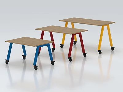 Colorful Legged Light Wooden Tables With Blue Red Yellow Legs And Wheels 3d model