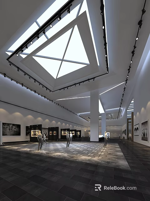 Spacious Art Gallery Interior With Skylight Lighting Paintings Stone Floor And Visitors 3d model 