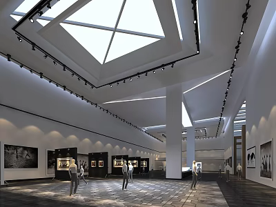 Spacious Art Gallery Interior With Skylight Lighting Paintings Stone Floor And Visitors 3d model