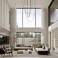 Modern Duplex Living Room Interior Design With White Sofa Hanging Chandelier And Large Windows