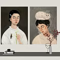 Portrait Paintings of Female with Flower and Male with White Cat on Head