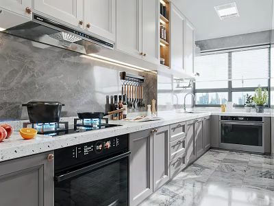 Modern Kitchen Interior With Gray Cabinets Marble Countertop And Natural Lighting 3d model