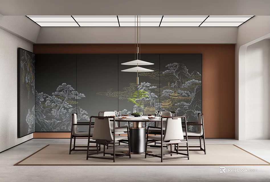 Chinese Style Restaurant Interior With Mountain Landscape Backdrop Round Dining Table And Hanging Pendant Light 3d model 