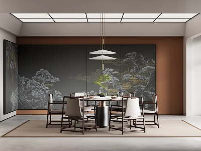 Chinese Style Restaurant Interior With Mountain Landscape Backdrop Round Dining Table And Hanging Pendant Light 3d model