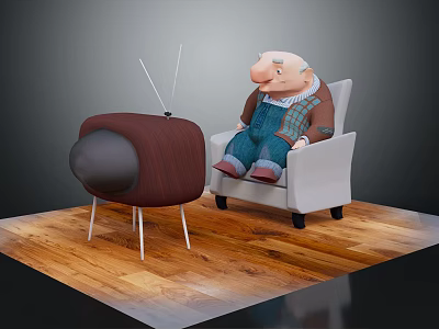 Game and Movie Character Sitting in White Armchair with Vintage TV on Wooden Floor 3d model