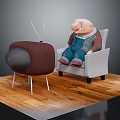 Game and Movie Character Sitting in White Armchair with Vintage TV on Wooden Floor