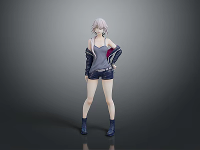 3D Female Character Model With Silver Hair Gray Vest Leather Jacket Shorts And Blue Boots 3d model