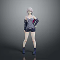 3D Female Character Model With Silver Hair Gray Vest Leather Jacket Shorts And Blue Boots