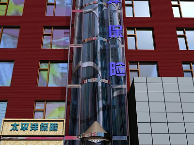 Modern Glass Elevator on Red Brick Commercial Building Exterior with Glass Windows 3d model