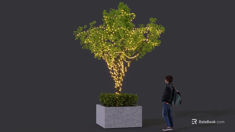 Illuminated tree with string lights in square stone planter and person standing nearby 3d model 