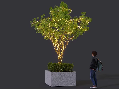 Illuminated tree with string lights in square stone planter and person standing nearby 3d model