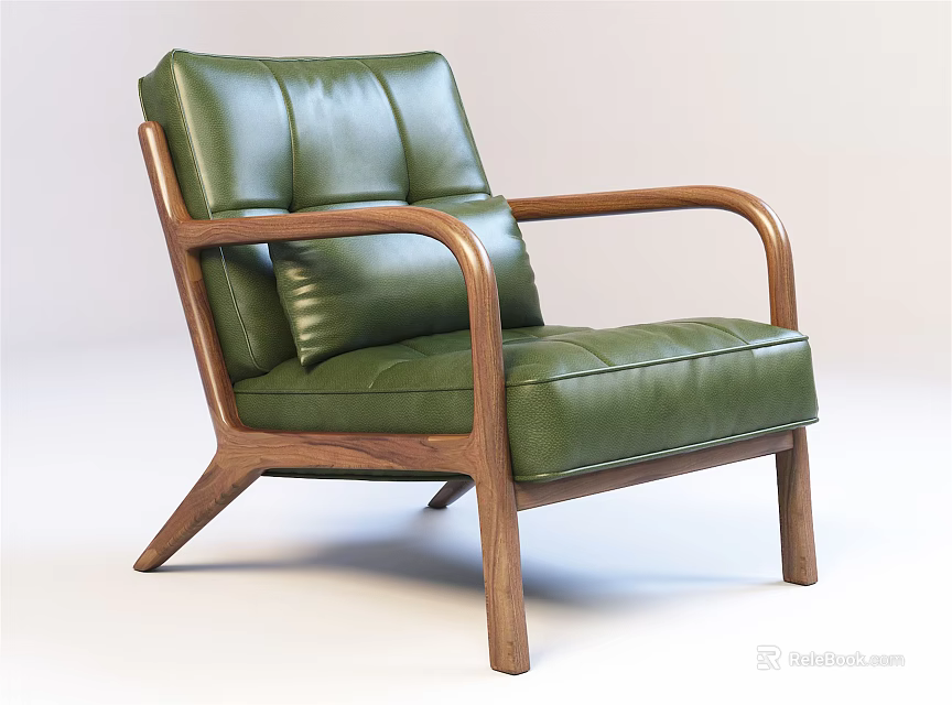 Modern Single Sofa With Green Leather Upholstery And Wooden Frame Design 3d model 