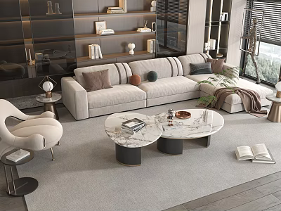 Modern Minimalist Beige Sofa and Coffee Table Set with Marble Tops and Decorative Pillows 3d model