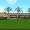 Scenic Garden Landscape Featuring Green Lawn Trees And Green Beige Vintage Train