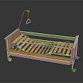 Medical Bed With Wooden Frame Metal Rails Wheels And Hanging IV Fixture