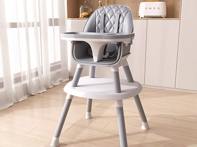 Gray Quilted Diamond Pattern High Chair With Tray In Modern Kitchen White Curtains Wooden Floor 3d model
