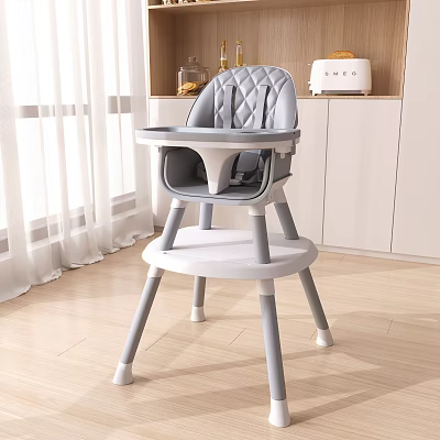 Gray Quilted Diamond Pattern High Chair With Tray In Modern Kitchen White Curtains Wooden Floor 3d model