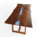 Wooden Office Desk With Natural Wood Grain And Blue Black Geometric Resin Inlay