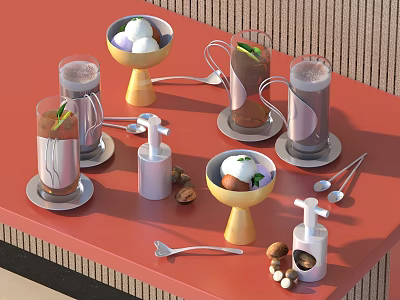 Assorted Drinks in Glasses with Ice Cream Bowls Nuts and Spoons on Red Table 3d model