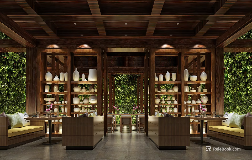 Traditional Wooden Restaurant Interior With Shelves Displaying Vases And Greenery View 3d model 