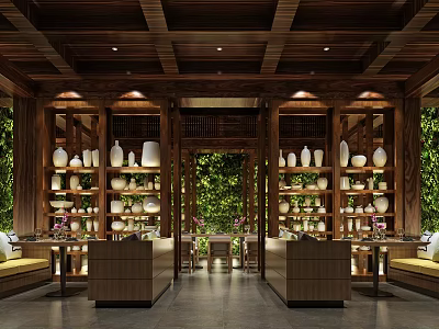 Traditional Wooden Restaurant Interior With Shelves Displaying Vases And Greenery View 3d model