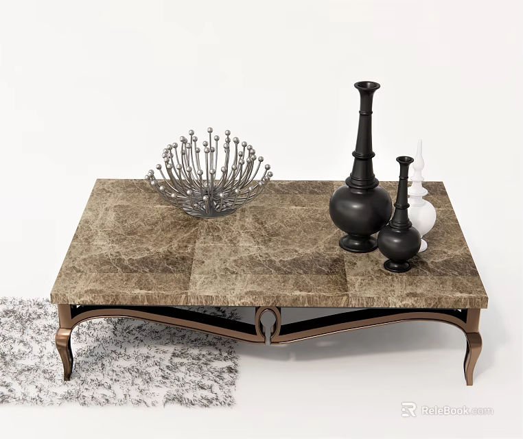 Elegant Marble Coffee Table With Metal Legs Decorative Vases Ornamental Sculpture And Gray Shag Rug 3d model 