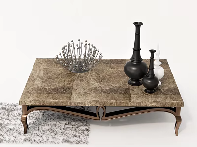 Elegant Marble Coffee Table With Metal Legs Decorative Vases Ornamental Sculpture And Gray Shag Rug 3d model
