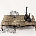 Elegant Marble Coffee Table With Metal Legs Decorative Vases Ornamental Sculpture And Gray Shag Rug
