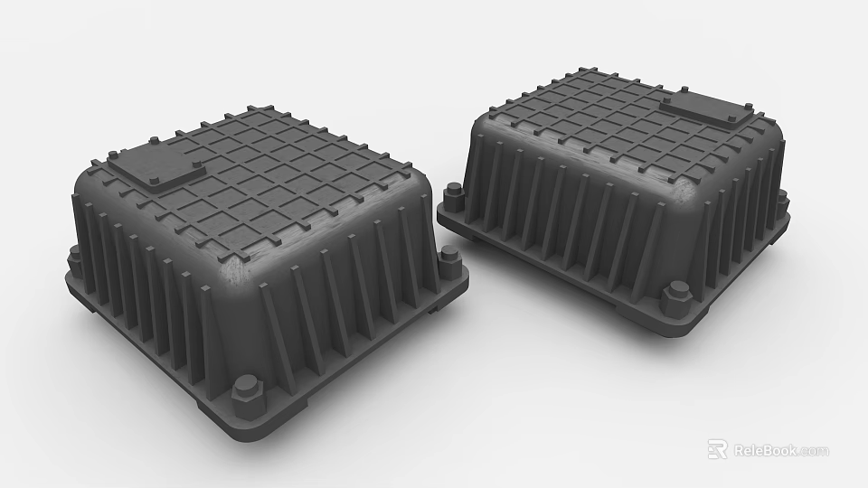 Two Black Industrial Equipment Enclosures With Grid Top And Heat Sink Fins 3d model 