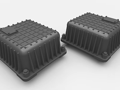 Two Black Industrial Equipment Enclosures With Grid Top And Heat Sink Fins 3d model