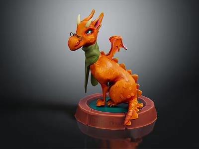 Orange Dragon Figure With Green Scarf And Glasses Sitting On Red Base 3d model
