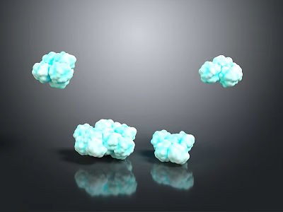 Four Light Blue Cloud Like Objects On Black Background With Reflections 3d model