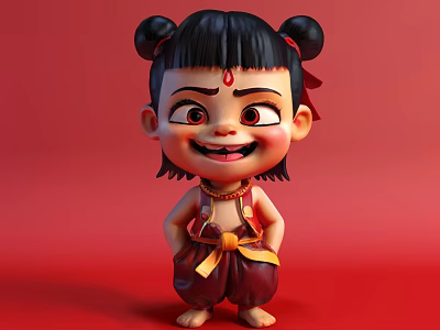 3D Cartoon Style Little Boy Sculpture In Traditional Costume With Red Background 3d model