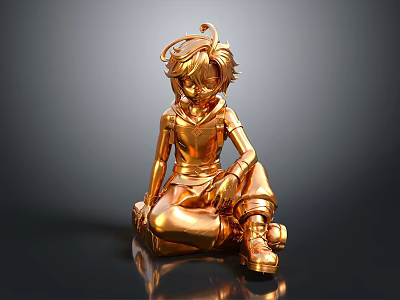 Golden Anime Style Character Statue in Sitting Pose With Hat And Boots 3d model