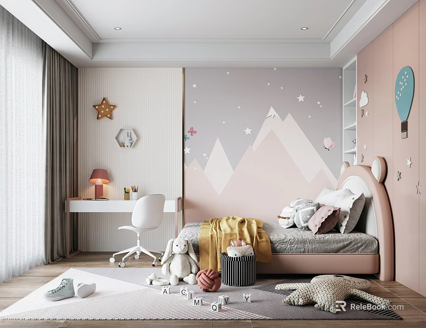Kids Room Interior With Pink Grey Walls Star Mountain Decor Desk Chair And Stuffed Toys 3d model 